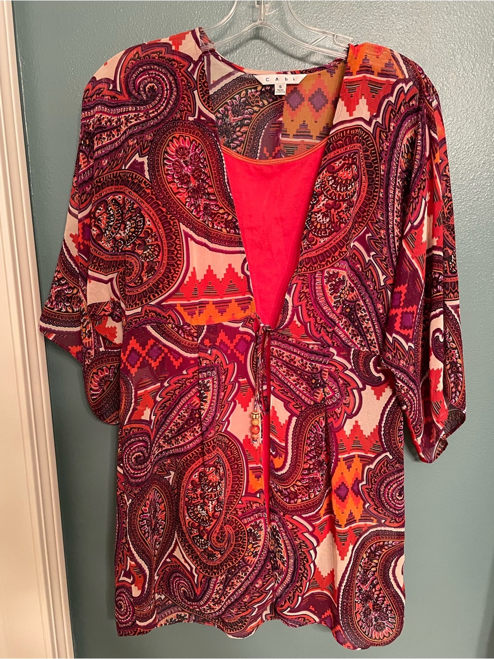 CAbi Pink Plum/Orange Paisley Tie-Front Tunic